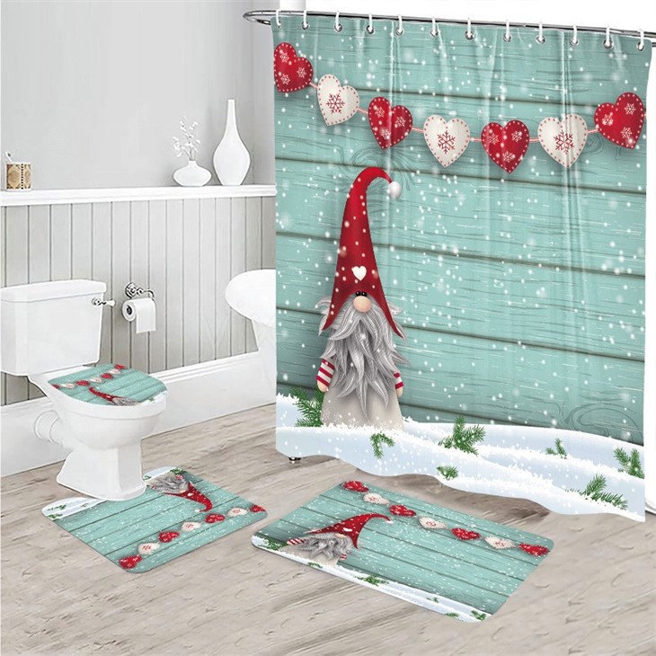 Cartoon Santa Shower Curtain Polyester Waterproof Bathroom Curtain Carpet Floor Mat Shower Curtain Four-piece Set