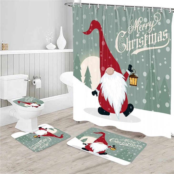 Cartoon Santa Shower Curtain Polyester Waterproof Bathroom Curtain Carpet Floor Mat Shower Curtain Four-piece Set