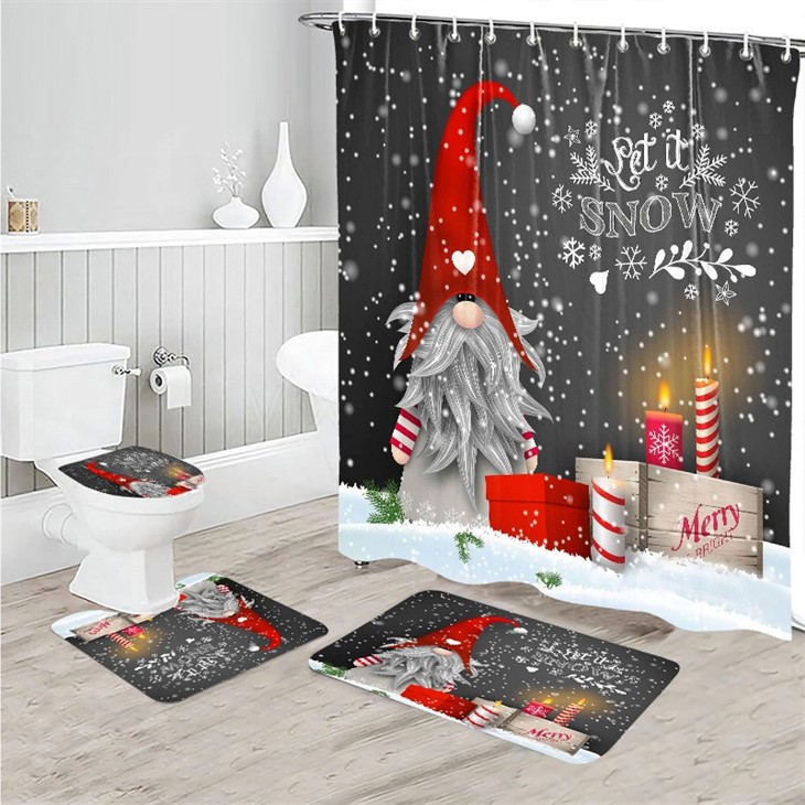 Cartoon Santa Shower Curtain Polyester Waterproof Bathroom Curtain Carpet Floor Mat Shower Curtain Four-piece Set